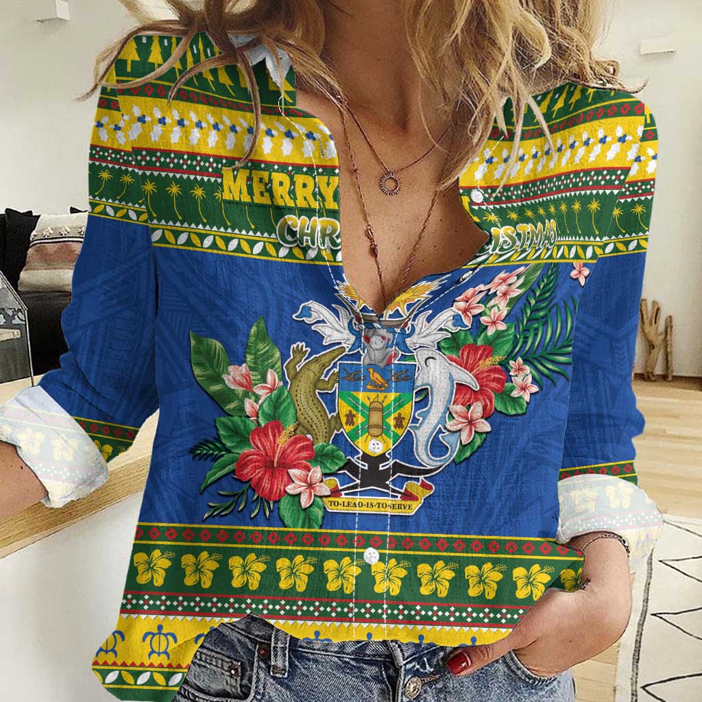 Solomon Islands Christmas Women Casual Shirt Coat Of Arms Merry Xmas LT05 Female Green - Polynesian Pride