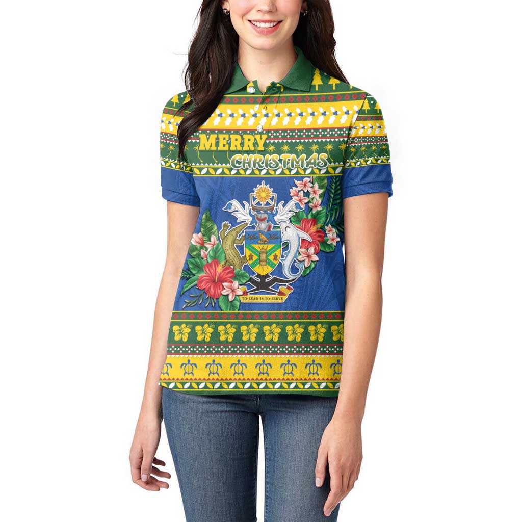 Solomon Islands Christmas Women Polo Shirt Coat Of Arms Merry Xmas