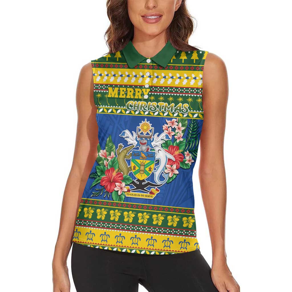 Solomon Islands Christmas Women Sleeveless Polo Shirt Coat Of Arms Merry Xmas LT05 - Polynesian Pride