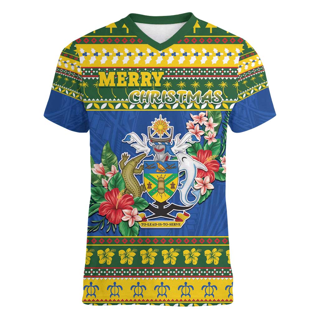 Solomon Islands Christmas Women V-Neck T-Shirt Coat Of Arms Merry Xmas LT05 Female Green - Polynesian Pride