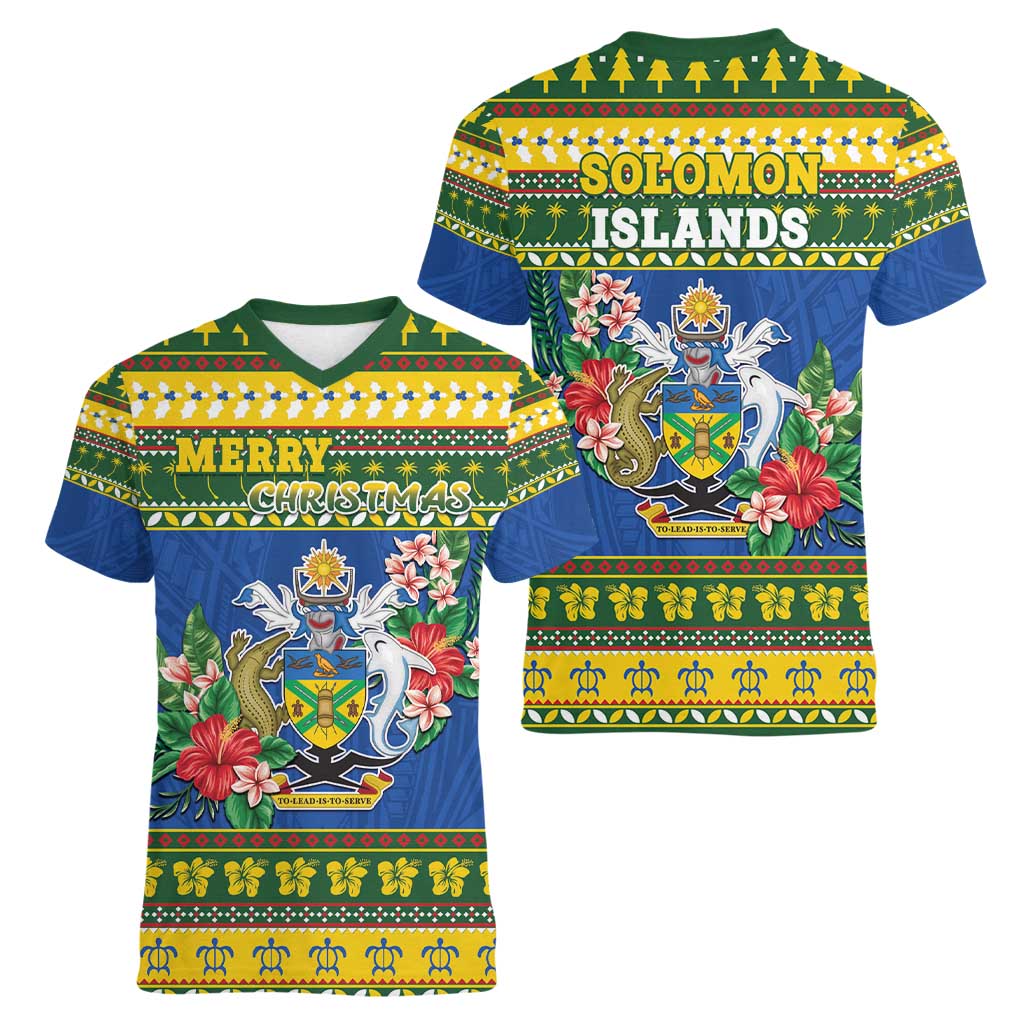 Solomon Islands Christmas Women V-Neck T-Shirt Coat Of Arms Merry Xmas LT05 - Polynesian Pride