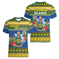 Solomon Islands Christmas Women V-Neck T-Shirt Coat Of Arms Merry Xmas LT05 - Polynesian Pride