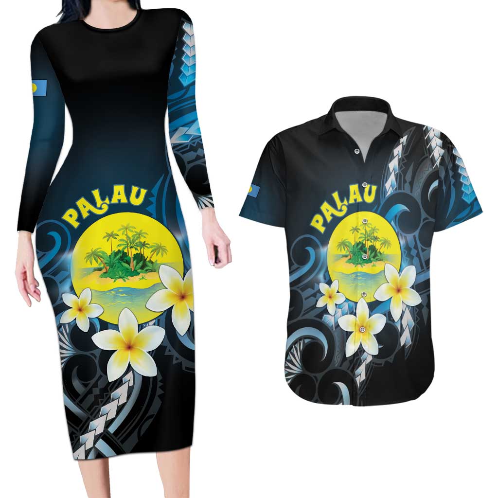 Palau United Nations Day Couples Matching Long Sleeve Bodycon Dress and Hawaiian Shirt Polynesian Curves Plumeria LT05 Black - Polynesian Pride