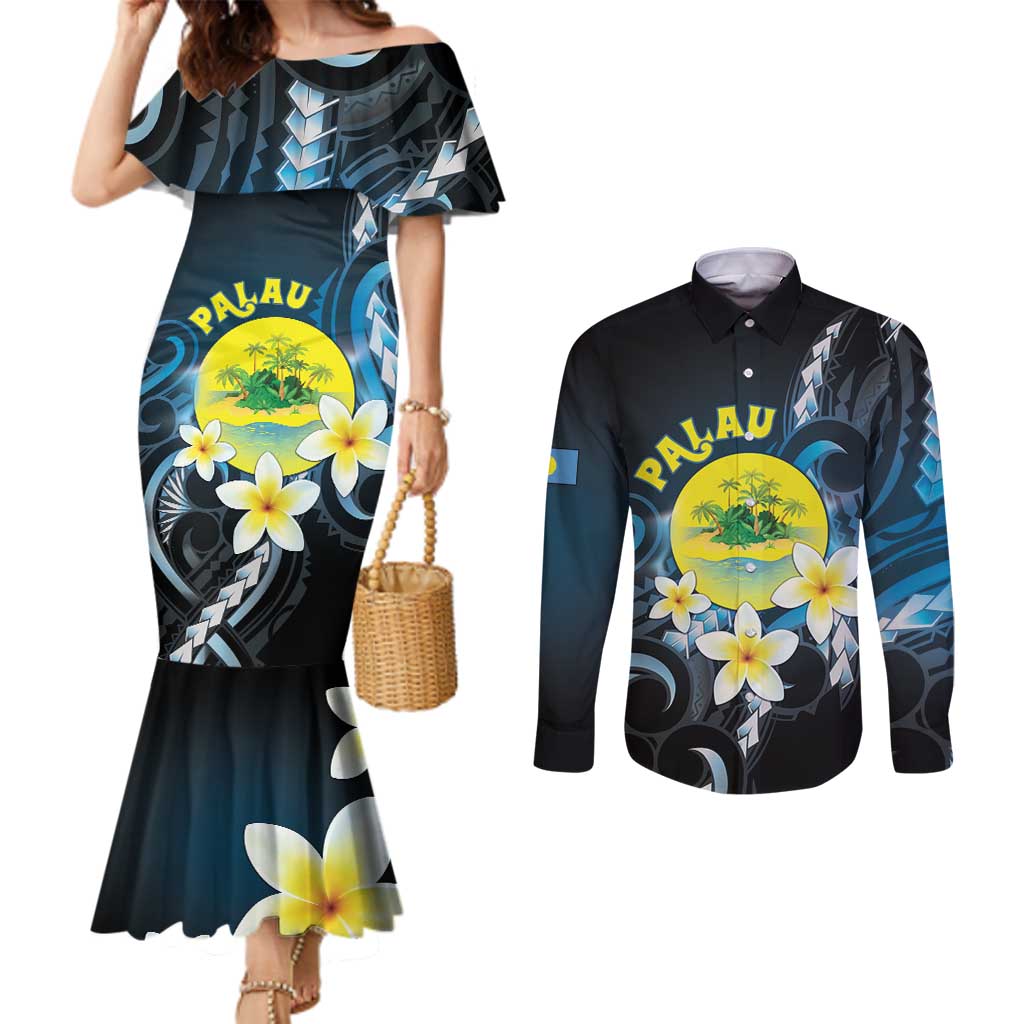 Palau United Nations Day Couples Matching Mermaid Dress and Long Sleeve Button Shirt Polynesian Curves Plumeria LT05 Black - Polynesian Pride