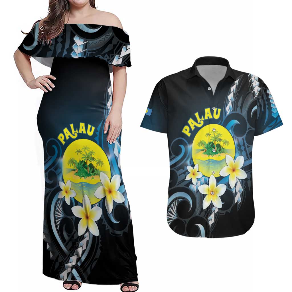 Palau United Nations Day Couples Matching Off Shoulder Maxi Dress and Hawaiian Shirt Polynesian Curves Plumeria LT05 Black - Polynesian Pride