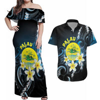 Palau United Nations Day Couples Matching Off Shoulder Maxi Dress and Hawaiian Shirt Polynesian Curves Plumeria LT05 Black - Polynesian Pride