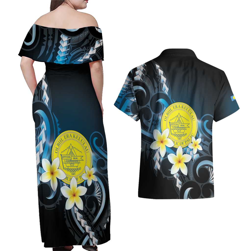 Palau United Nations Day Couples Matching Off Shoulder Maxi Dress and Hawaiian Shirt Polynesian Curves Plumeria LT05 - Polynesian Pride
