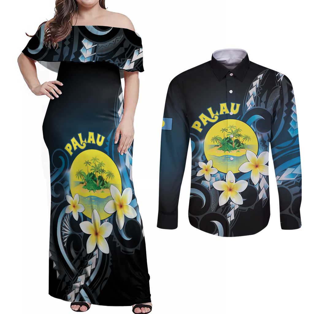 Palau United Nations Day Couples Matching Off Shoulder Maxi Dress and Long Sleeve Button Shirt Polynesian Curves Plumeria LT05 Black - Polynesian Pride