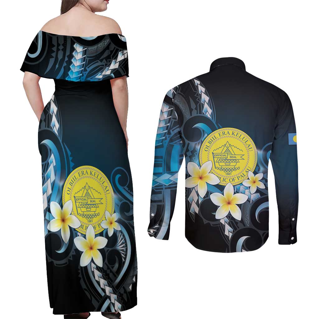 Palau United Nations Day Couples Matching Off Shoulder Maxi Dress and Long Sleeve Button Shirt Polynesian Curves Plumeria LT05 - Polynesian Pride