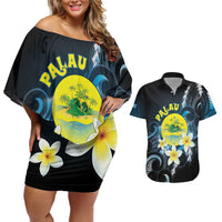 Palau United Nations Day Couples Matching Off Shoulder Short Dress and Hawaiian Shirt Polynesian Curves Plumeria LT05 Black - Polynesian Pride