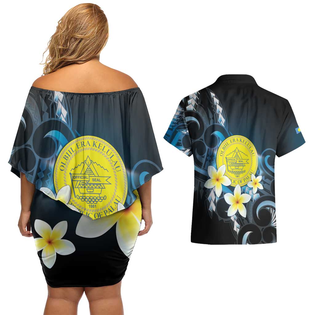 Palau United Nations Day Couples Matching Off Shoulder Short Dress and Hawaiian Shirt Polynesian Curves Plumeria LT05 - Polynesian Pride