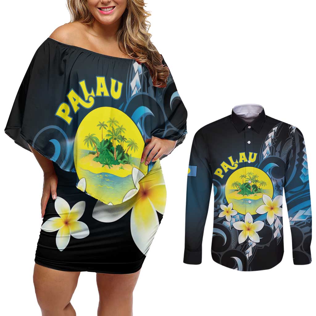 Palau United Nations Day Couples Matching Off Shoulder Short Dress and Long Sleeve Button Shirt Polynesian Curves Plumeria LT05 Black - Polynesian Pride