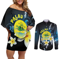 Palau United Nations Day Couples Matching Off Shoulder Short Dress and Long Sleeve Button Shirt Polynesian Curves Plumeria LT05 Black - Polynesian Pride