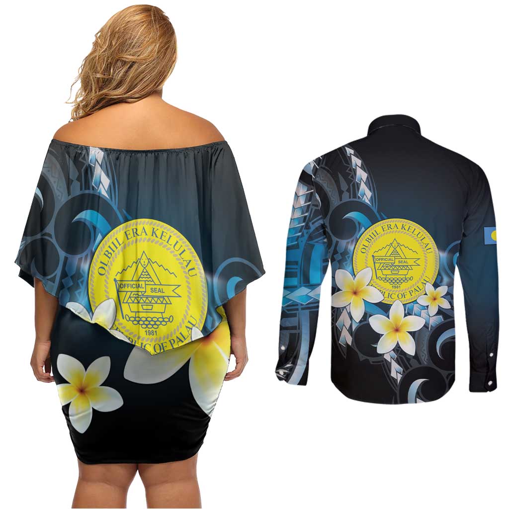 Palau United Nations Day Couples Matching Off Shoulder Short Dress and Long Sleeve Button Shirt Polynesian Curves Plumeria LT05 - Polynesian Pride