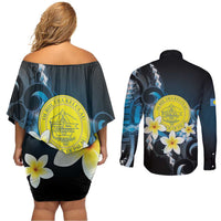 Palau United Nations Day Couples Matching Off Shoulder Short Dress and Long Sleeve Button Shirt Polynesian Curves Plumeria LT05 - Polynesian Pride