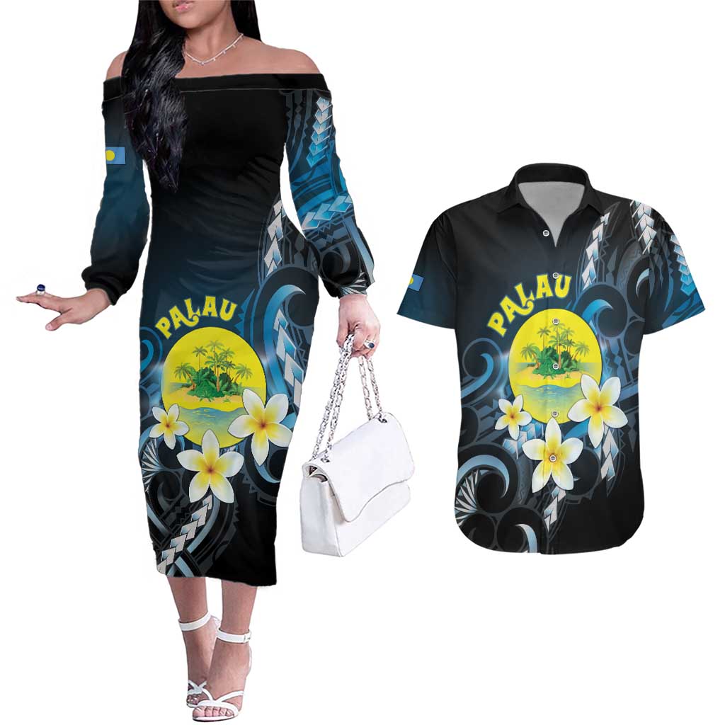 Palau United Nations Day Couples Matching Off The Shoulder Long Sleeve Dress and Hawaiian Shirt Polynesian Curves Plumeria LT05 Black - Polynesian Pride