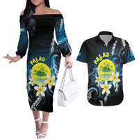 Palau United Nations Day Couples Matching Off The Shoulder Long Sleeve Dress and Hawaiian Shirt Polynesian Curves Plumeria LT05 Black - Polynesian Pride