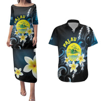 Palau United Nations Day Couples Matching Puletasi and Hawaiian Shirt Polynesian Curves Plumeria LT05 Black - Polynesian Pride