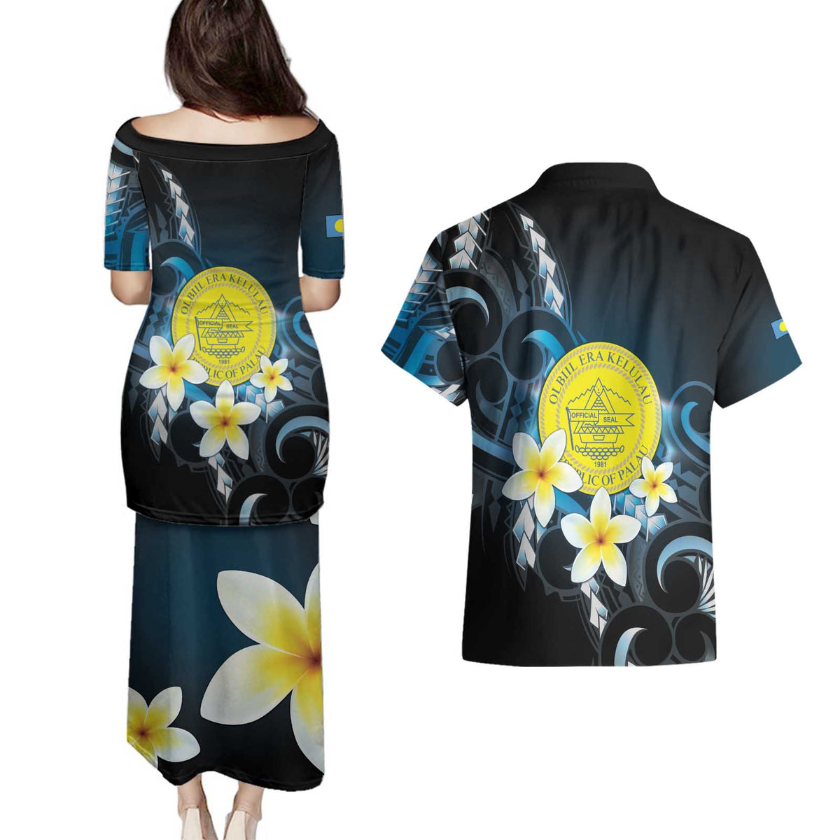 Palau United Nations Day Couples Matching Puletasi and Hawaiian Shirt Polynesian Curves Plumeria LT05 - Polynesian Pride