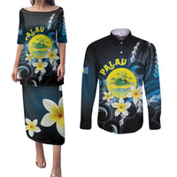 Palau United Nations Day Couples Matching Puletasi and Long Sleeve Button Shirt Polynesian Curves Plumeria LT05 Black - Polynesian Pride