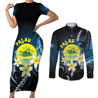 Palau United Nations Day Couples Matching Short Sleeve Bodycon Dress and Long Sleeve Button Shirt Polynesian Curves Plumeria LT05 Black - Polynesian Pride