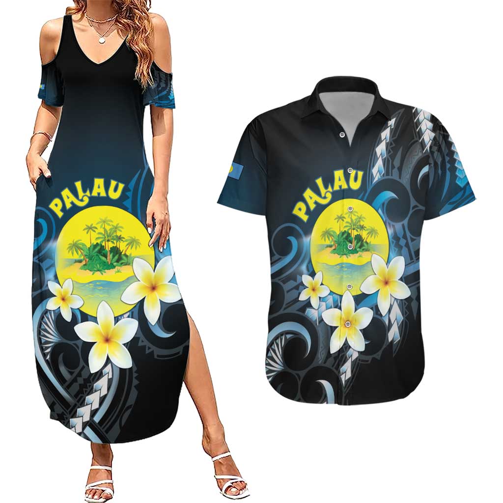 Palau United Nations Day Couples Matching Summer Maxi Dress and Hawaiian Shirt Polynesian Curves Plumeria LT05 Black - Polynesian Pride