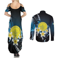 Palau United Nations Day Couples Matching Summer Maxi Dress and Long Sleeve Button Shirt Polynesian Curves Plumeria LT05 - Polynesian Pride