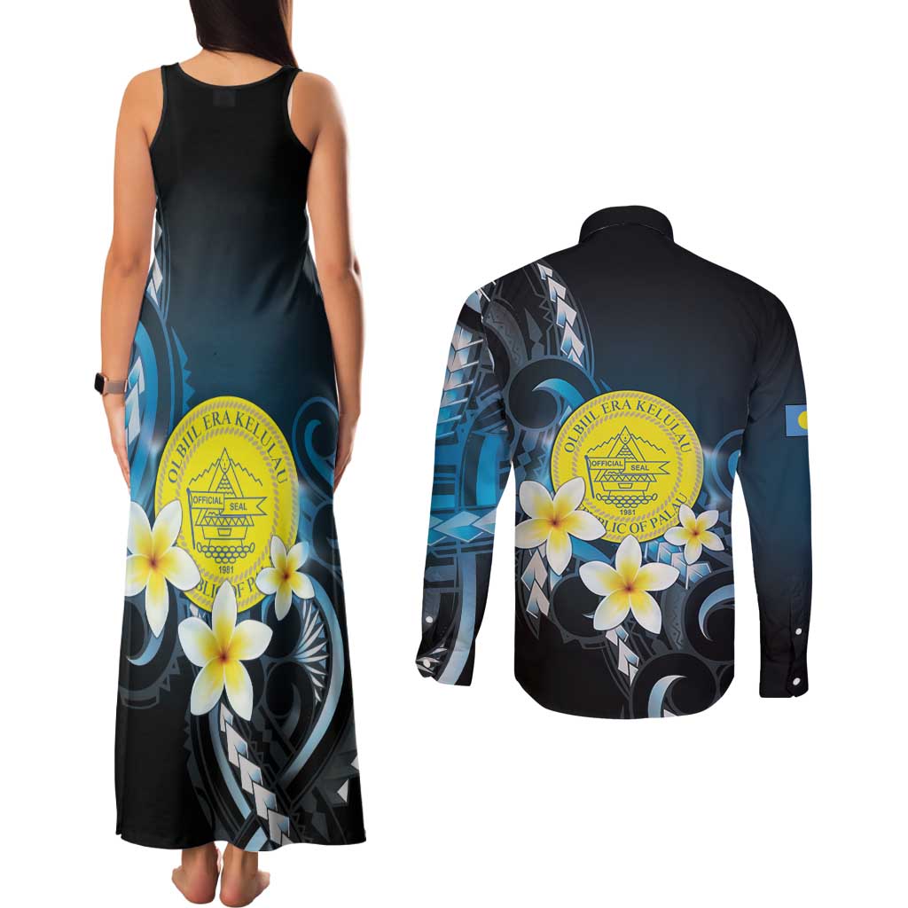 Palau United Nations Day Couples Matching Tank Maxi Dress and Long Sleeve Button Shirt Polynesian Curves Plumeria LT05 - Polynesian Pride
