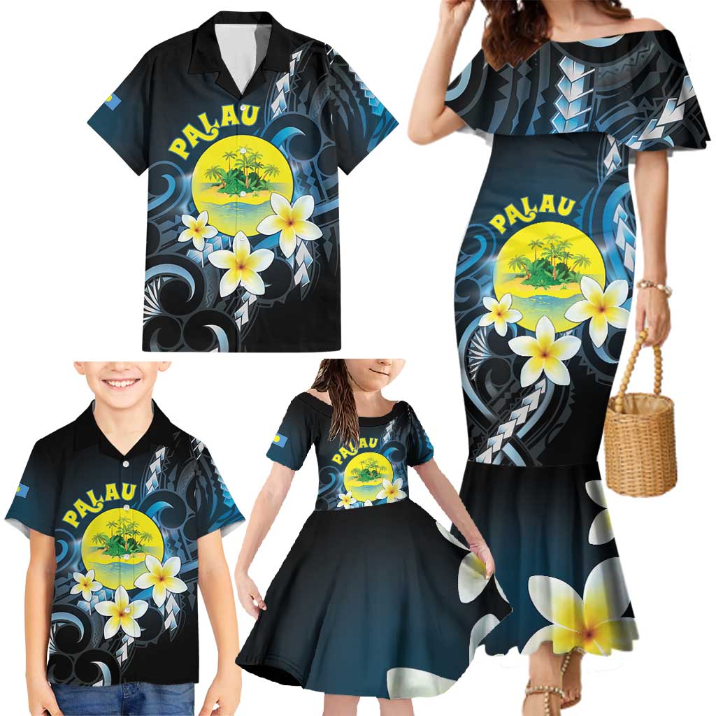 Palau United Nations Day Family Matching Mermaid Dress and Hawaiian Shirt Polynesian Curves Plumeria LT05 - Polynesian Pride