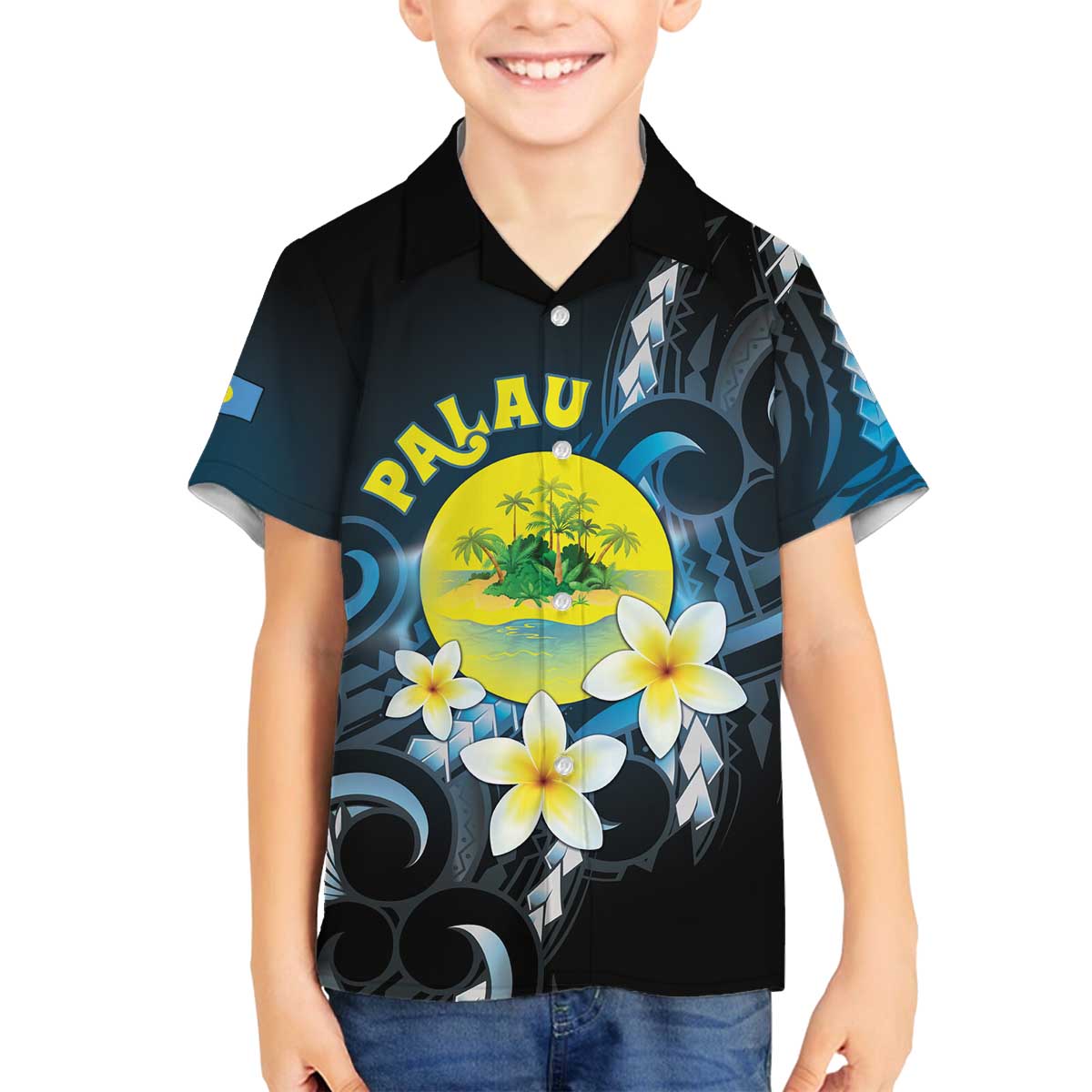 Palau United Nations Day Family Matching Off The Shoulder Long Sleeve Dress and Hawaiian Shirt Polynesian Curves Plumeria LT05 Son's Shirt Black - Polynesian Pride