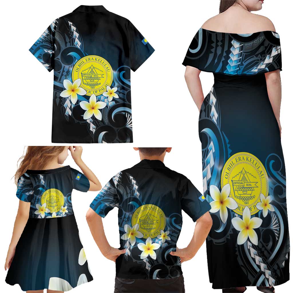 Palau United Nations Day Family Matching Off Shoulder Maxi Dress and Hawaiian Shirt Polynesian Curves Plumeria LT05 - Polynesian Pride