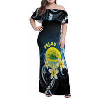Palau United Nations Day Family Matching Off Shoulder Maxi Dress and Hawaiian Shirt Polynesian Curves Plumeria LT05 Mom's Dress Black - Polynesian Pride