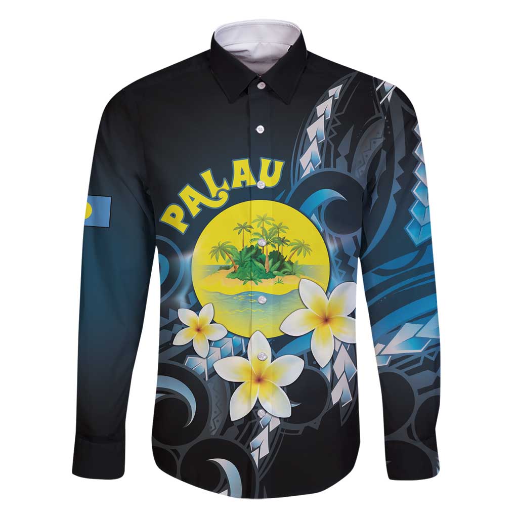 Palau United Nations Day Family Matching Off Shoulder Short Dress and Hawaiian Shirt Polynesian Curves Plumeria LT05 Dad's Shirt - Long Sleeve Black - Polynesian Pride