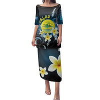 Palau United Nations Day Family Matching Puletasi and Hawaiian Shirt Polynesian Curves Plumeria LT05 Mom's Dress Black - Polynesian Pride