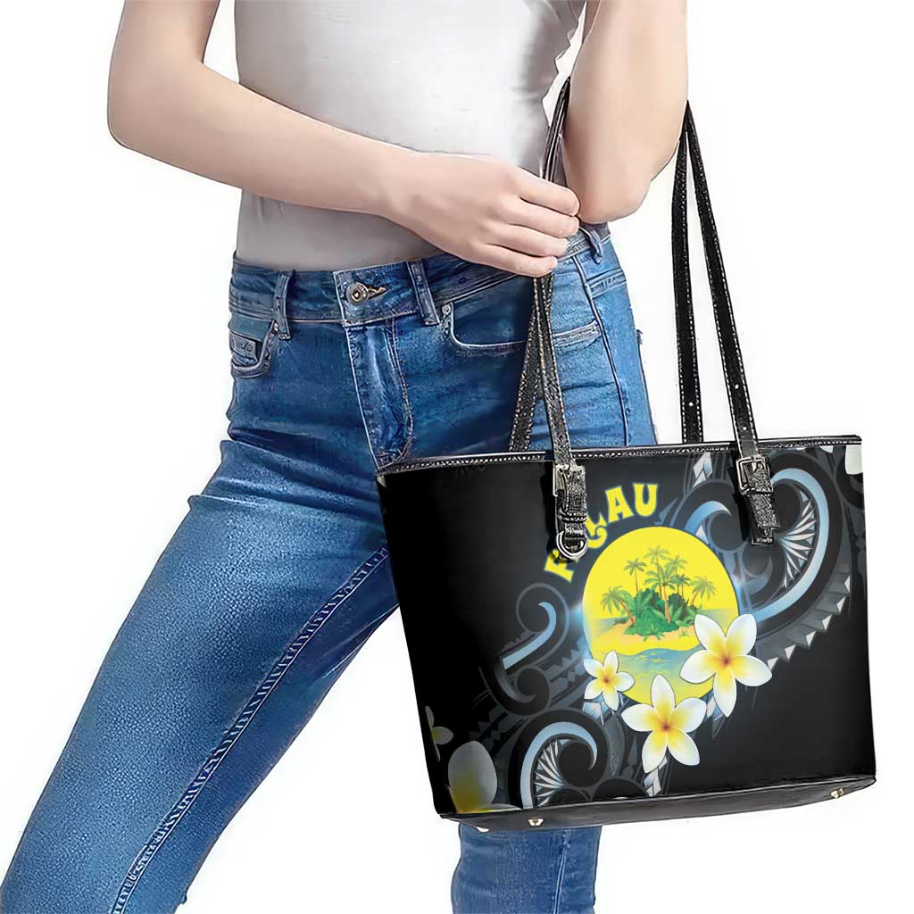 Palau United Nations Day Leather Tote Bag Polynesian Curves Plumeria - Polynesian Pride