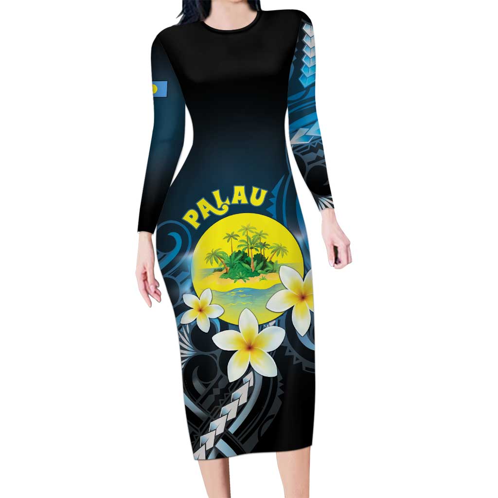 Palau United Nations Day Long Sleeve Bodycon Dress Polynesian Curves Plumeria LT05 Long Dress Black - Polynesian Pride