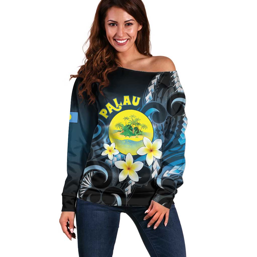 Palau United Nations Day Off Shoulder Sweater Polynesian Curves Plumeria - Polynesian Pride