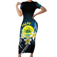 Palau United Nations Day Short Sleeve Bodycon Dress Polynesian Curves Plumeria LT05 Long Dress Black - Polynesian Pride
