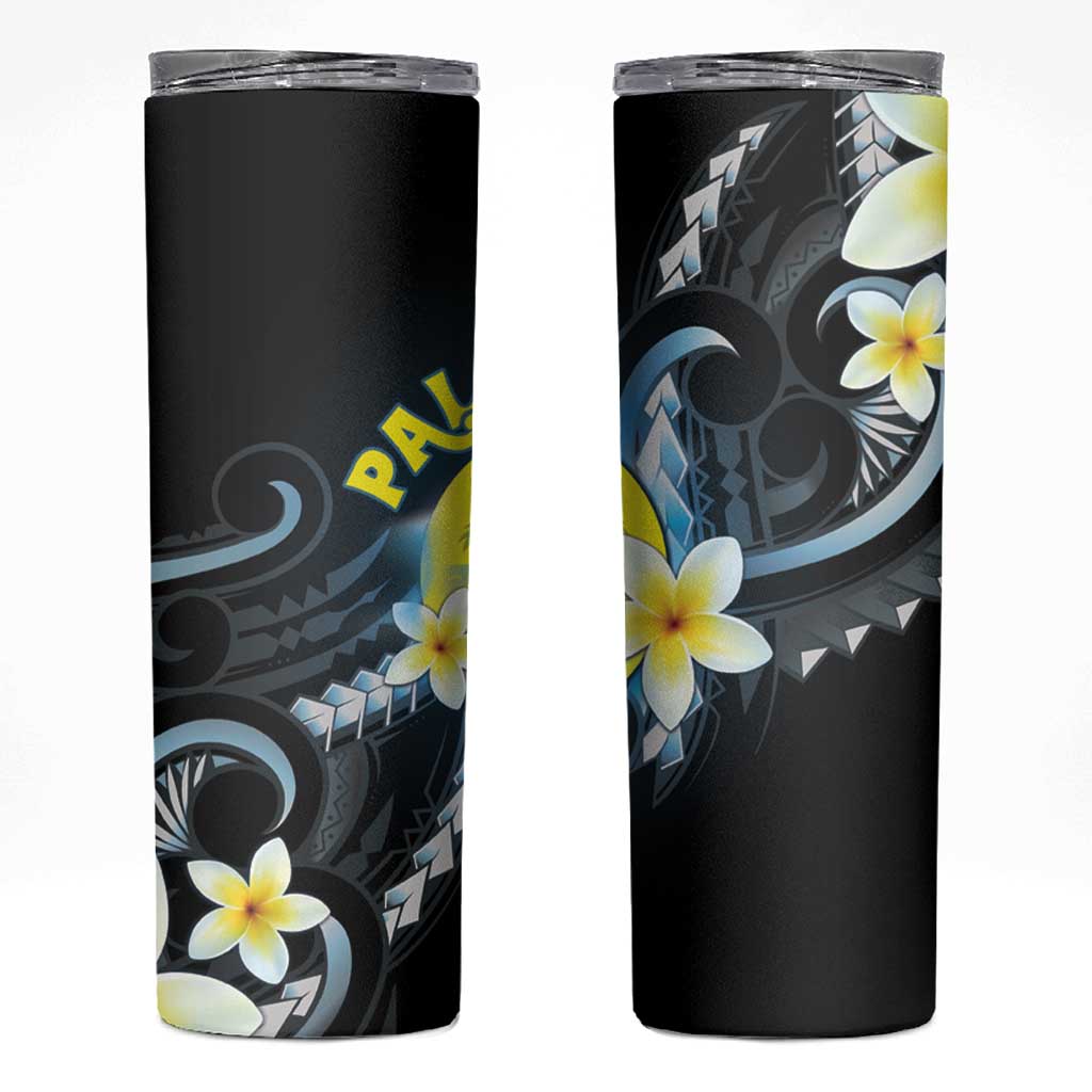Palau United Nations Day Skinny Tumbler Polynesian Curves Plumeria LT05 Black - Polynesian Pride