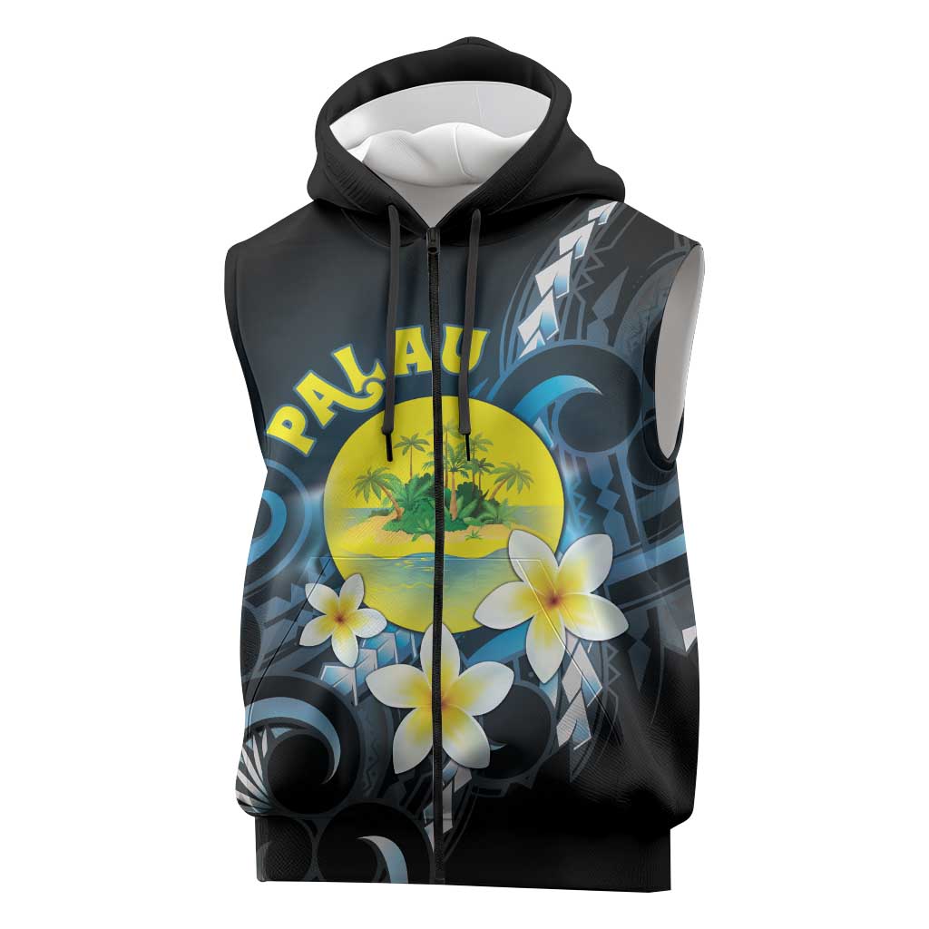 Palau United Nations Day Sleeveless Zip Hoodie Polynesian Curves Plumeria - Polynesian Pride