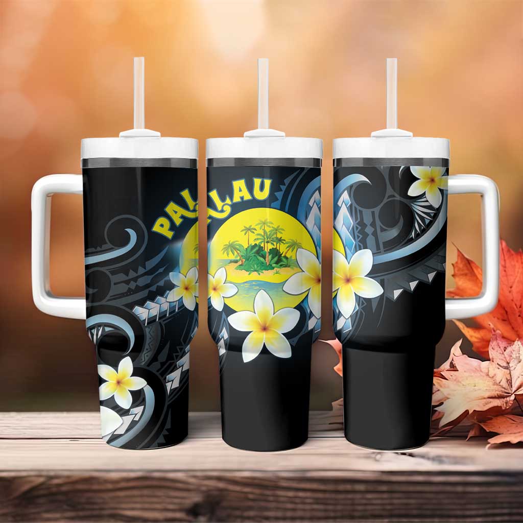 Palau United Nations Day Tumbler With Handle Polynesian Curves Plumeria - Polynesian Pride