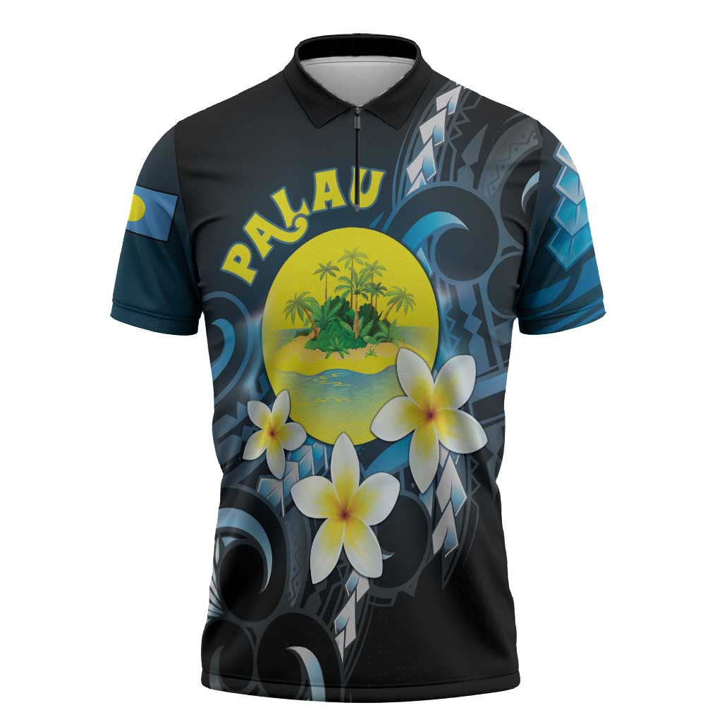 Palau United Nations Day Zipper Polo Shirt Polynesian Curves Plumeria - Polynesian Pride