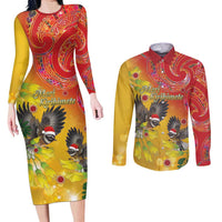 New Zealand Piwakawaka Christmas Couples Matching Long Sleeve Bodycon Dress and Long Sleeve Button Shirt With Maori Pattern LT05 Yellow - Polynesian Pride