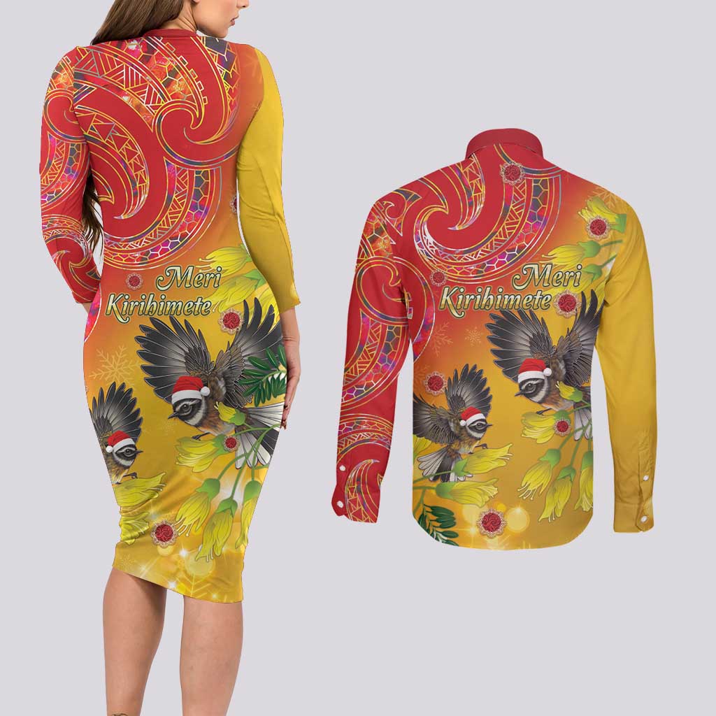 New Zealand Piwakawaka Christmas Couples Matching Long Sleeve Bodycon Dress and Long Sleeve Button Shirt With Maori Pattern LT05 - Polynesian Pride