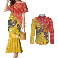 New Zealand Piwakawaka Christmas Couples Matching Mermaid Dress and Long Sleeve Button Shirt With Maori Pattern LT05 Yellow - Polynesian Pride