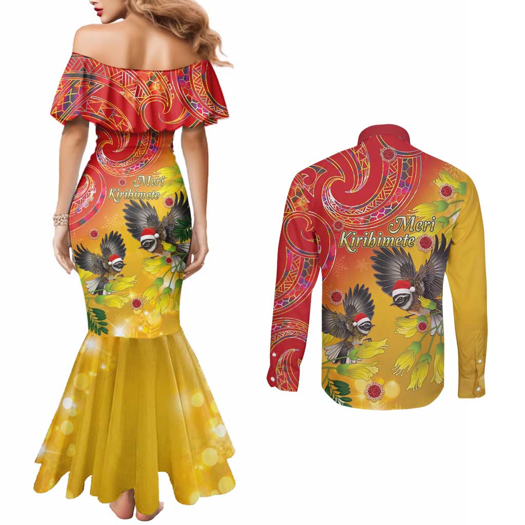 New Zealand Piwakawaka Christmas Couples Matching Mermaid Dress and Long Sleeve Button Shirt With Maori Pattern LT05 - Polynesian Pride