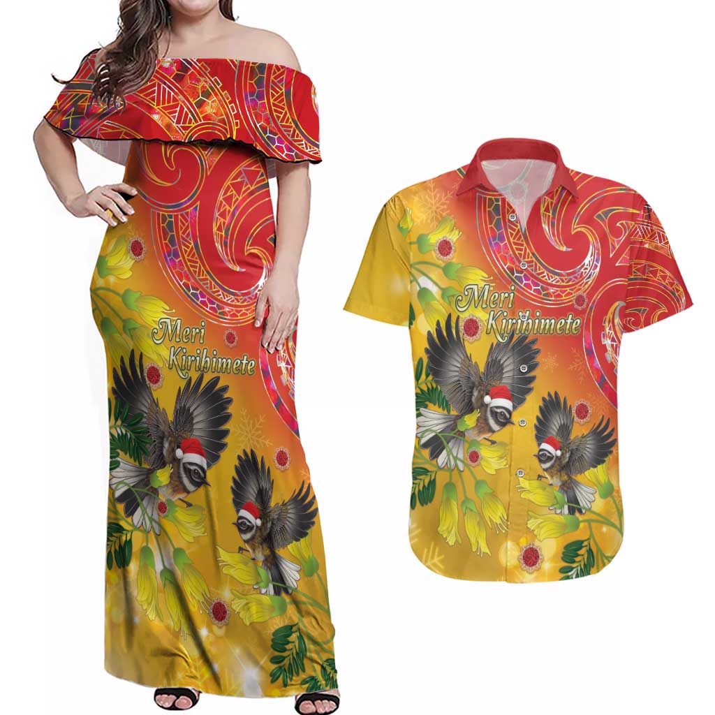 New Zealand Piwakawaka Christmas Couples Matching Off Shoulder Maxi Dress and Hawaiian Shirt With Maori Pattern LT05 Yellow - Polynesian Pride