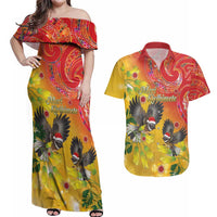 New Zealand Piwakawaka Christmas Couples Matching Off Shoulder Maxi Dress and Hawaiian Shirt With Maori Pattern LT05 Yellow - Polynesian Pride