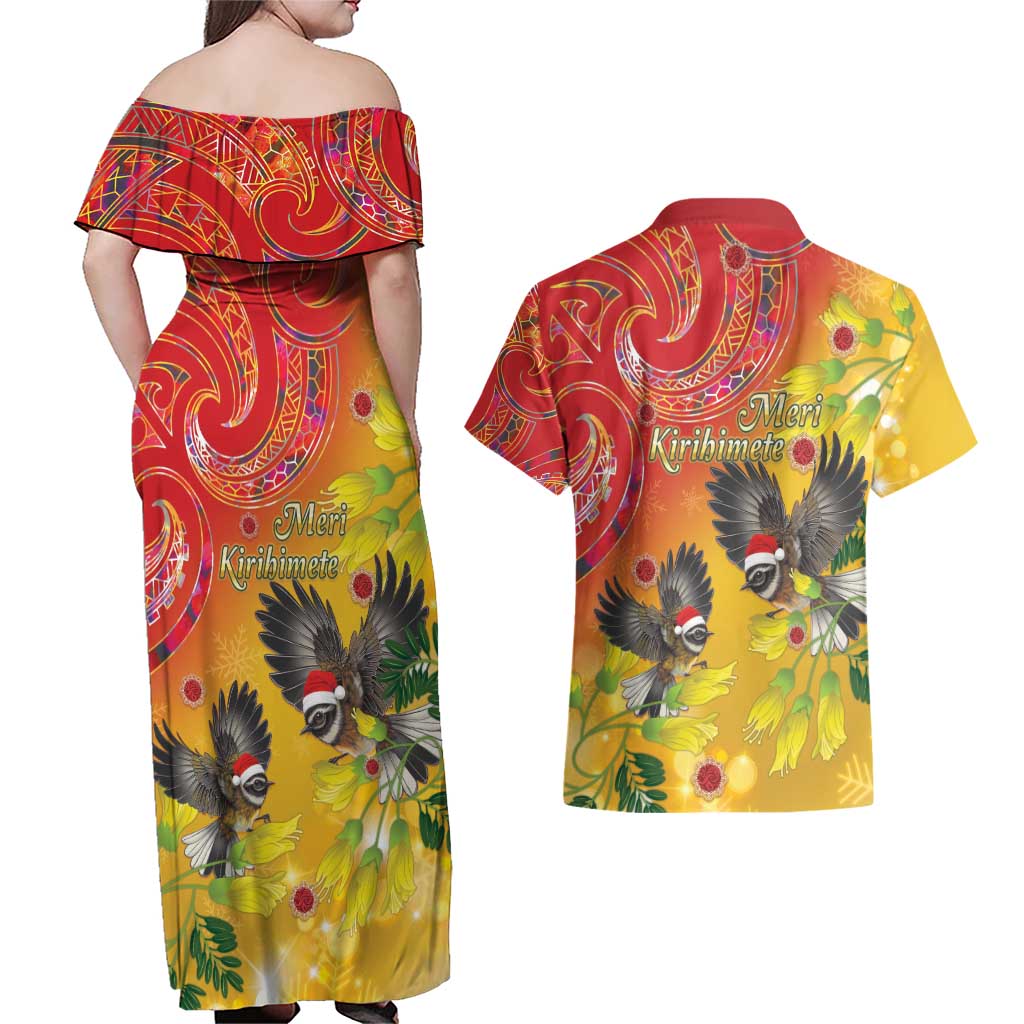 New Zealand Piwakawaka Christmas Couples Matching Off Shoulder Maxi Dress and Hawaiian Shirt With Maori Pattern LT05 - Polynesian Pride