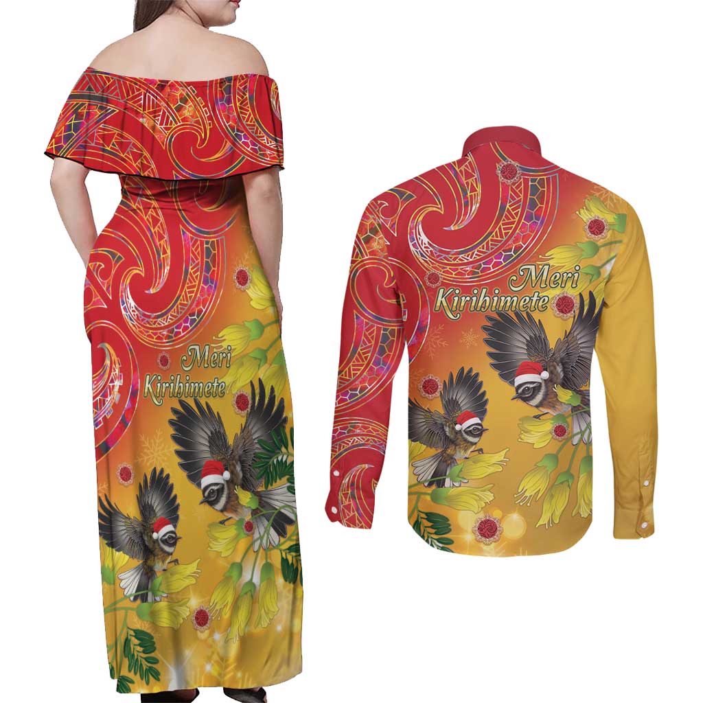 New Zealand Piwakawaka Christmas Couples Matching Off Shoulder Maxi Dress and Long Sleeve Button Shirt With Maori Pattern LT05 - Polynesian Pride